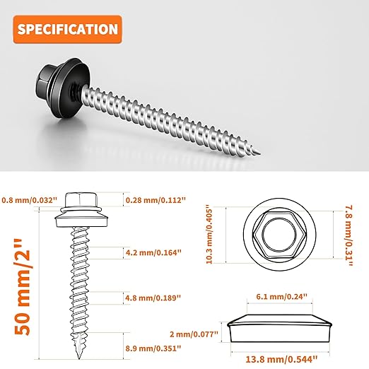 60 PCS #10 x 2 Hex Head Metal Roofing Screws with Bit, Black Painted Head Sheet Roof Screw with EPDM Washer, High-Low Thread, Self-Tapping Metal to Wood Screws for Roofing & Siding - TPOHH