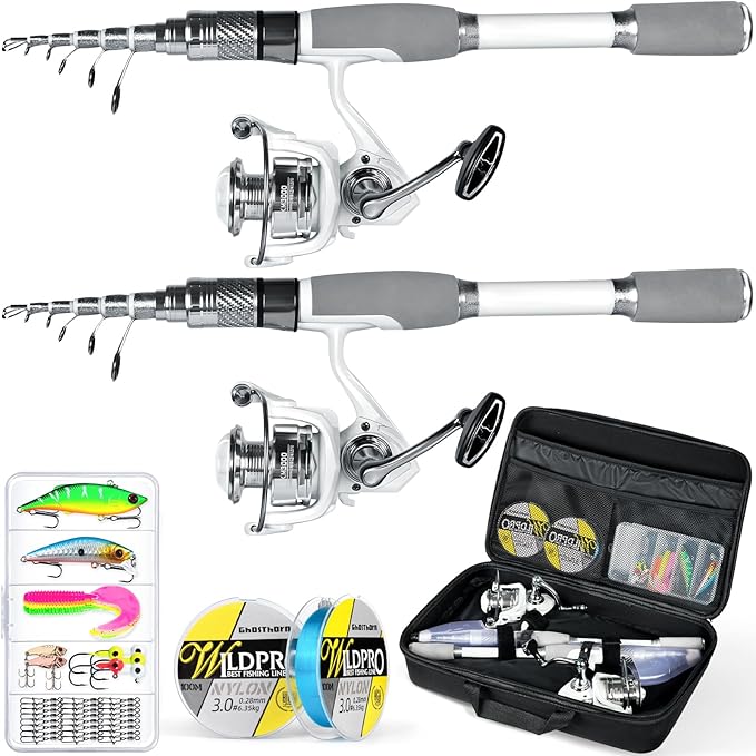 Ghosthorn Fishing Rod and Reel Combo Carbon Fiber Telescopic Fishing Pole Carrier Bag Portable Kit Saltwater Freshwater
