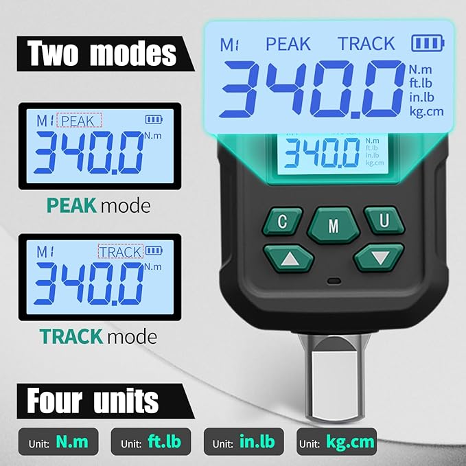 1/2" Digital Torque Adapter Set with Socket Adapters (1/4", 3/8") - ±2% Accuracy, 12.5-250 ft-lb, Buzzer & LED Alerts, Working with Ratchet Wrench, Breaker Bar - For Automotive, Motorcycle & Car