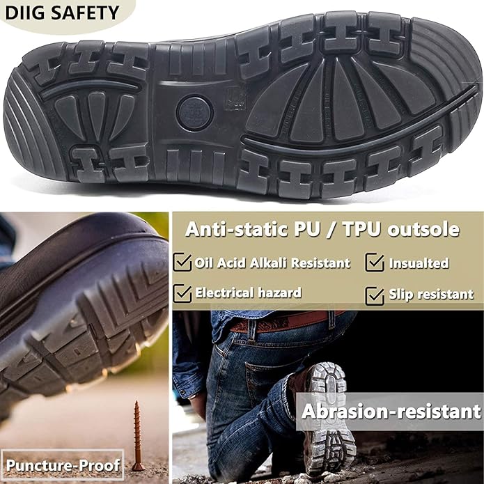DIIG Work Boots for Men, Steel/Soft Toe Waterproof Working Boots, Slip Resistant Anti-Static Slip-on Safety Working Shoes