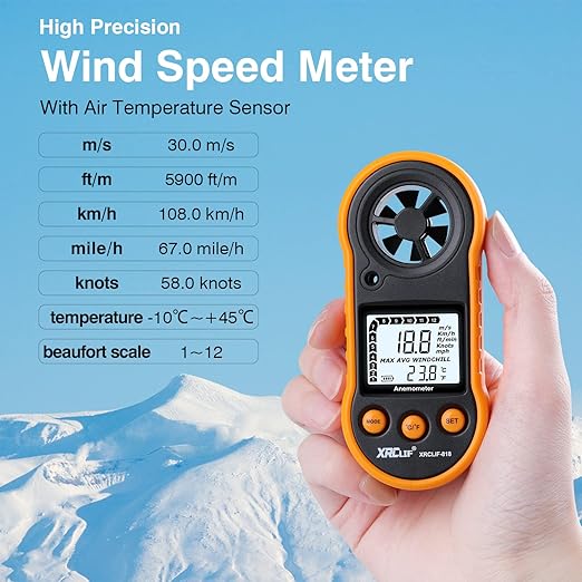 Digital Wind Speed Meter Anemometer Handheld Wind Gauges Air Flow Velocity Meter for Measuring Wind Chill Temperature Speed, Wind Meter Thermometer Gauge for Shooting Windsurfing Fishing Hunting