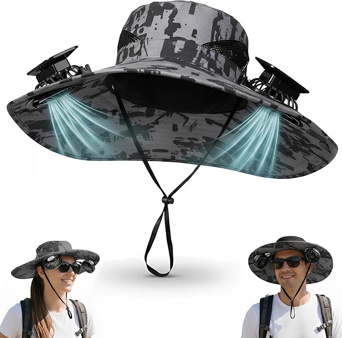 Hat with Fans Solar Power, 2-in-1 UPF 50+ Wide Brim Sun Hat, Fishing Essentials for Camping Hiking Beach Summer Safari