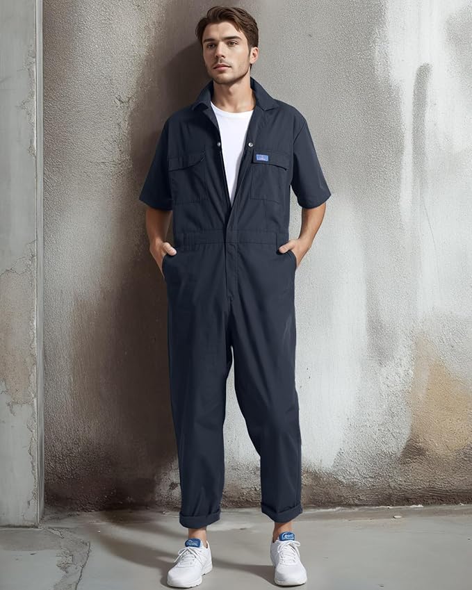 HISEA Coveralls for Men Short Sleeve, Mens Lightweight Mechanic Work Jumpsuit with Pockets, Stain & Wrinkle Resistant