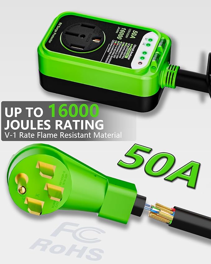 RV Surge Protector 50 Amp,RV Surge Voltage Protection with Safety Certification, 16000 Joules Circuit Analyzer for RV, RV Adapter Plug for Camper (50AMP-Green)