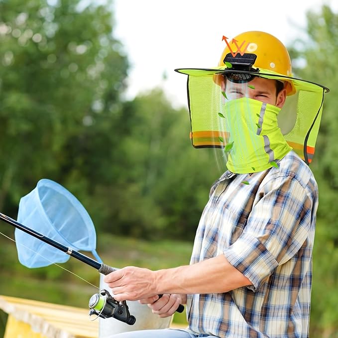 1 Set Sun Hard Hat with Solar Fan Shade Full Brim Hard Hat and Neck Sunshade Cover High Visibility Full Brim Mesh with Reflective Strip for Outdoor Summer Protection