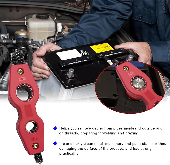 Battery Terminal Cleaning Brush, 4 in 1 Anti-Corrosion Car Battery Cleaner, Vehicle Battery Terminals Machine Parts Cleaning Tool for Auto Marine, Universal Car Accessories (Red)