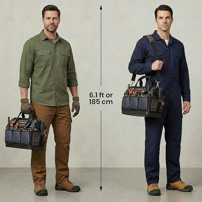 Arbon Electrician Tool Bag – Heavy Duty Organizer with 34 Pockets, Large Storage for Men, 5-Layer Reinforced Walls, Metal Frame, Hard Molded Base, Water Resistant Polyester PP Plastic, Grey, 52+ lb