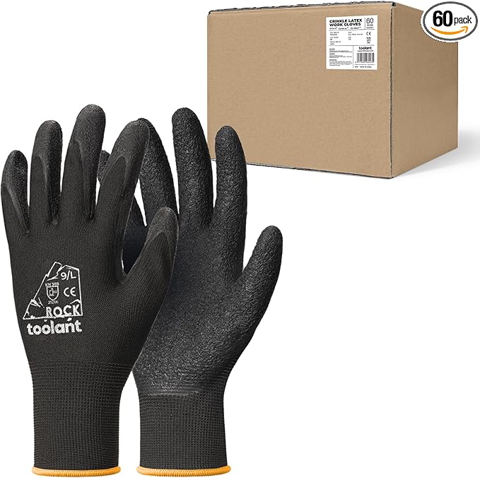 toolant Crinkle Latex Work Gloves Bulk, Rubber Coated Safety Work Gloves for Men and Women, 60 Pairs for Construction, Gardening, Warehouse (Black, Large)