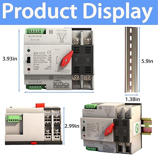 Mini ATS Automatic Transfer Switch Dual Power Changeover Switch 100A 110V Generator Electrical Selector Switches DIN Rail Mount 2P/3P Circuit Breaker Toggle Controller