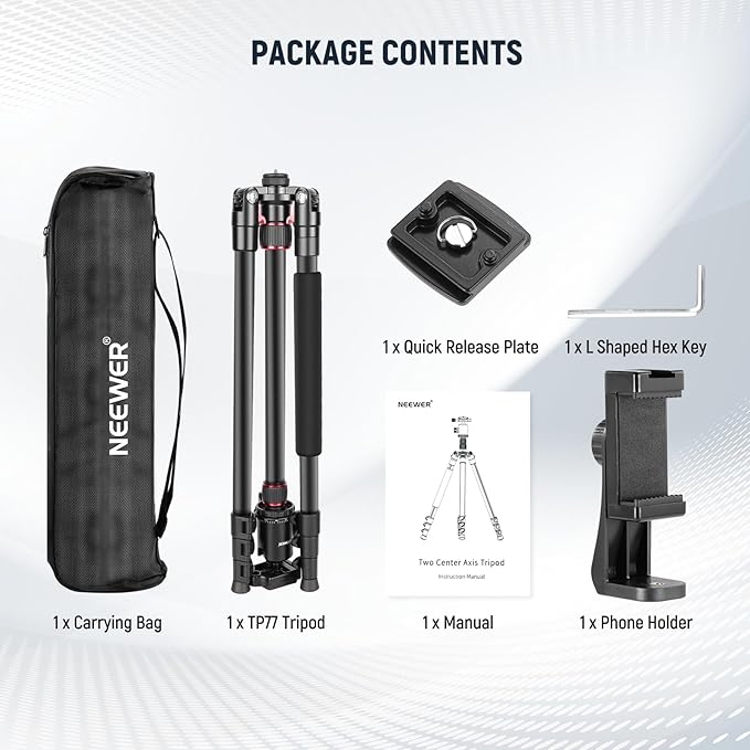 NEEWER 77" Camera Tripod Monopod with Cell Phone Holder Compatible with iPhone for Video Recording, Compact Aluminum Travel Stand with Ball Head QR Plate Bag Cleaning Cloth, Max Load 34lb, TP77