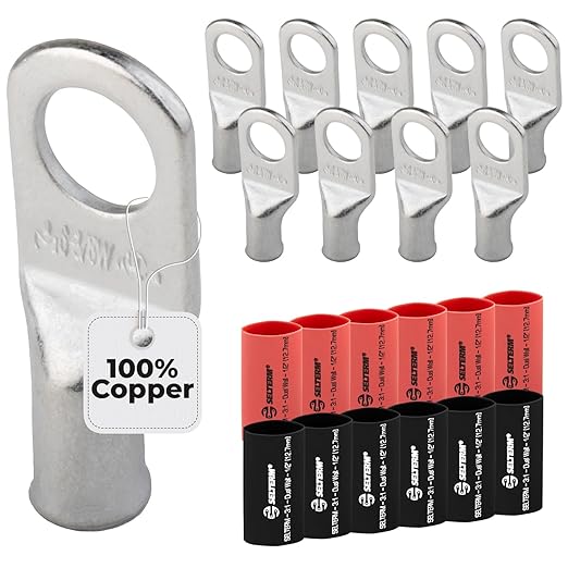 SELTERM 10pcs - 6 Awg - 3/8" Stud - Battery Lugs - Ring Terminal Connectors | with 12pcs 3:1 Black & Red Heat Shrink Tubing with Adhesive | Heavy Duty Battery Cable Ends - Tinned Copper Wire Lugs Kit