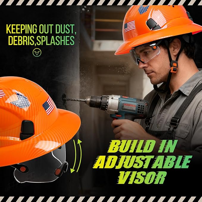 Carbon Fiber Pattern Full Brim Hard Hat with Visor-OSHA Approved Construction Safety Helmet for Men Women,ANSI Z89.1 Vented Reflective Hardhat with Hard Hat Chin Strap,6-Point Suspension