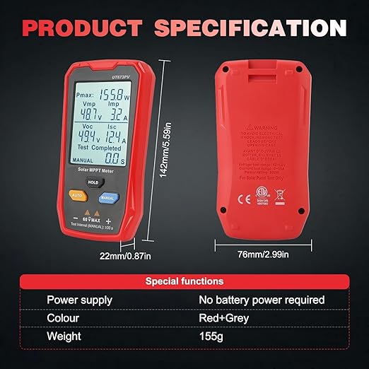 Solar Panel Tester Meter Photovoltaic Multimeter 800W, Solar MPPT Meter with Large Ultra Clear LCD, Smart MPPT Open Circuit Voltage Troubleshooting Utility Tool for PV Testing