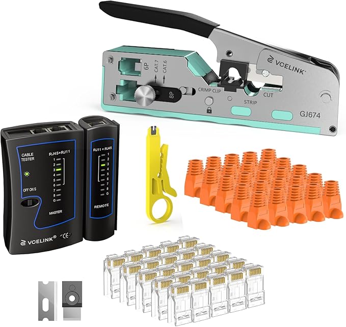 VCELINK RJ45 Crimp Tool Kit for CAT7/6A/6/5E/5, Upgraded Network Tool Set with an Ethernet Crimper, 25 RJ45 Connectors & Boots, Cable Tester, and Wire Stripper (no Cloth Bag Include, Green Crimper)