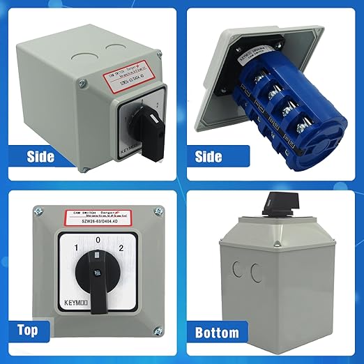 63A Rotary Changeover Switch with Exterior Box, 4NO 4NC 2-Ways 3 Position 4 Phase 16 Terminals Universal Selector Switch, Cam Switch with Waterproof Enclosure IP65, 63/D404.4D