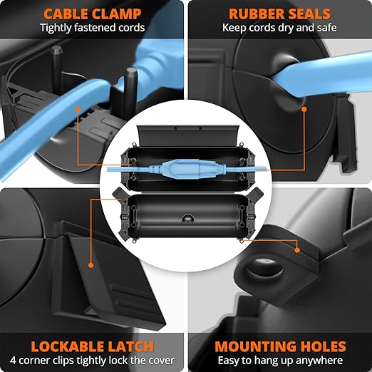 QUOBAS Outdoor Extension Cord Cover, Weatherproof Electrical Connection Box with Lockable Latches and Mounting Holes for Outdoor Sockets, Plugs, Outlets, Holiday Lighting, Power Tools, Black