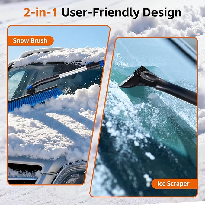 Car Snow Brush and Ice Scraper, Ice Scrapers for Car Windshield, Extendable Snow Brush for Car with Ergonomic Foam Grip and 360° Pivoting Brush Head for Car