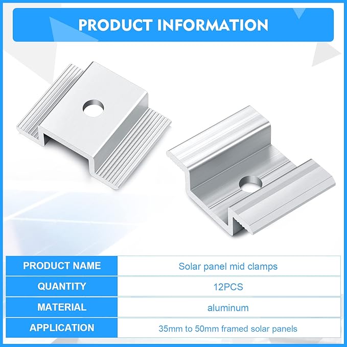 12 Pack Solar Panel Mid Clamps 1.06 Inch Solar Panel Bracket Aluminium Mounting Accessories Aluminum Solar Mid Clamp for Solar Panel Mounting Solar Panel Mid Clamp