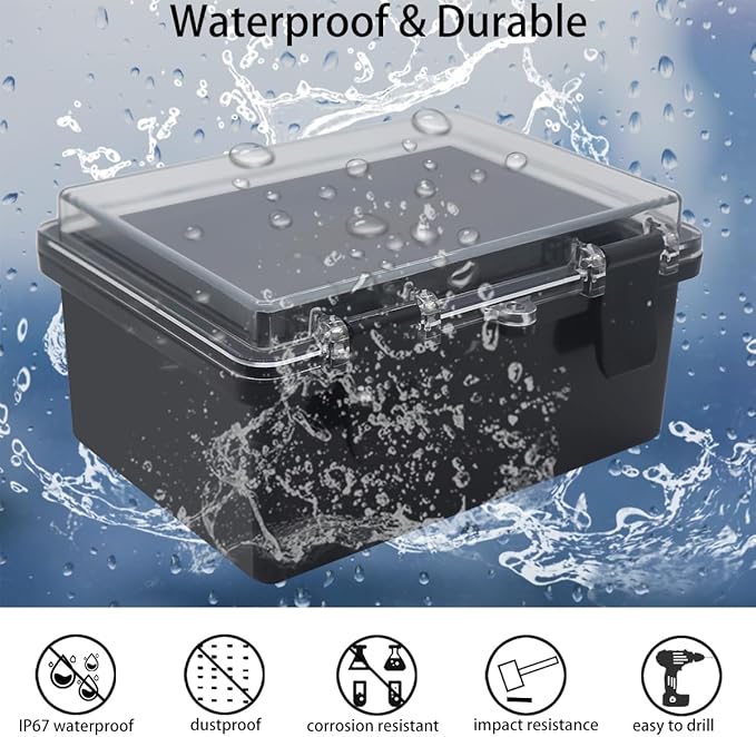 Junction Box, Hinged Black Clear Cover IP67 Waterproof ABS Project Box with Mounting Plate Electrical Box Enclosure with Wall Bracket 7.1 x 5.1 x 3.5inch(180x130x90mm)