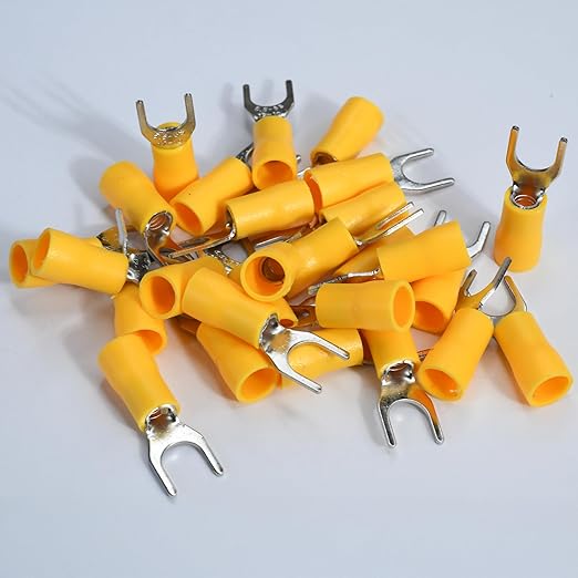 PAPUGA 25PCS 12-10 AWG (4-6 mm2) 1/4" / M6 Narrow Version Insulated Fork Spade Crimp Connector, 600V 48A, CE RoHS Automotive Electrical Crimp Terminal, Appliance & HVAC