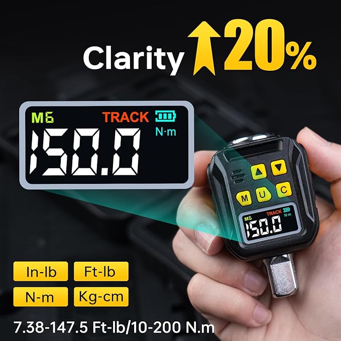 1/2" Digital Torque Adapter, 7.4-147.5 Ft-lb/10-200 Nm, Color LCD, Digital Torque Wrench Adapter with ±2% Accuracy, Torque Wrench Calibration Tool with 3/8'' & 1/4'' Adapters for Car