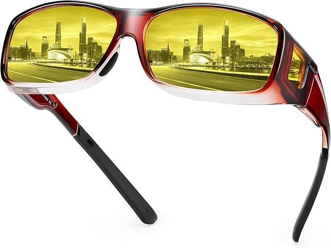 URUMQI Night Vision Driving Glasses Fit Over Eyeglasses for Men Women, Anti Glare Polarized Nighttime Glasses Yellow Lens