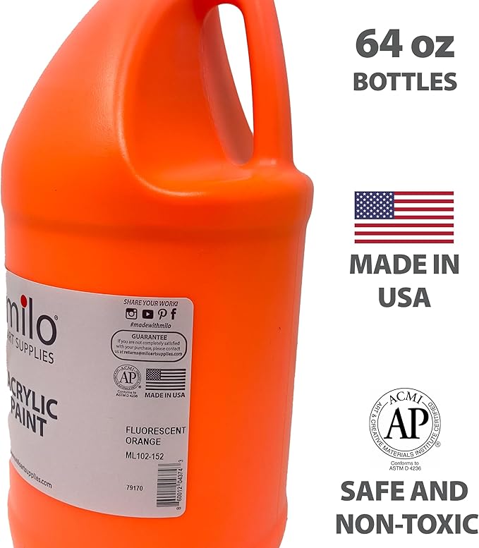 milo Fluorescent Orange Neon Acrylic Paint | 64 oz Bottle Half Gallon | Glows UV in Black Light | Non-Toxic Made in USA | Bulk Art Paint for Party, Student, Classroom, Artist