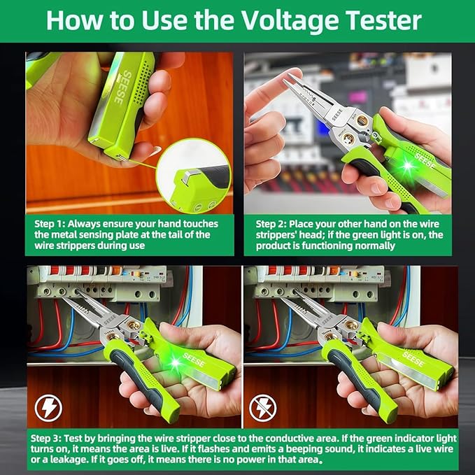 8-in-1 Wire Stripper for Electrician: Needle Nose Pliers with Voltage Tester & Dual Alarms - Electrical Pliers for Cutting Wires, Pulling Wires and Crimp Wires