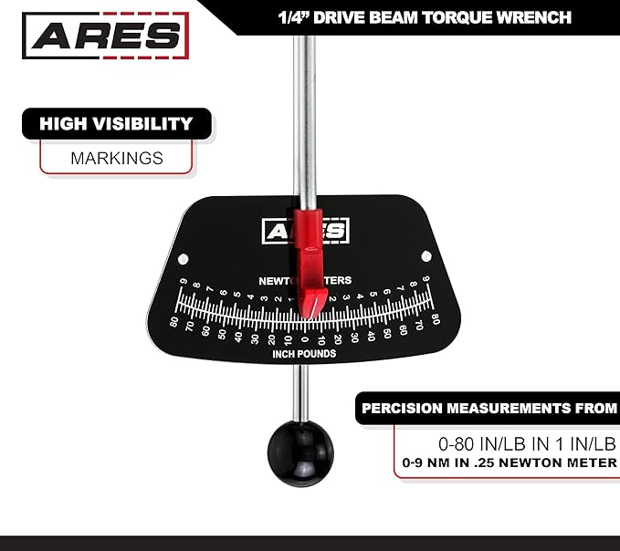 ARES 70213-1/4-inch Drive Beam Torque Wrench - 0-80 Inch/Pounds and 0-9 Newton/Meter Torque Wrench - High Visibility Markings for Easy Readings