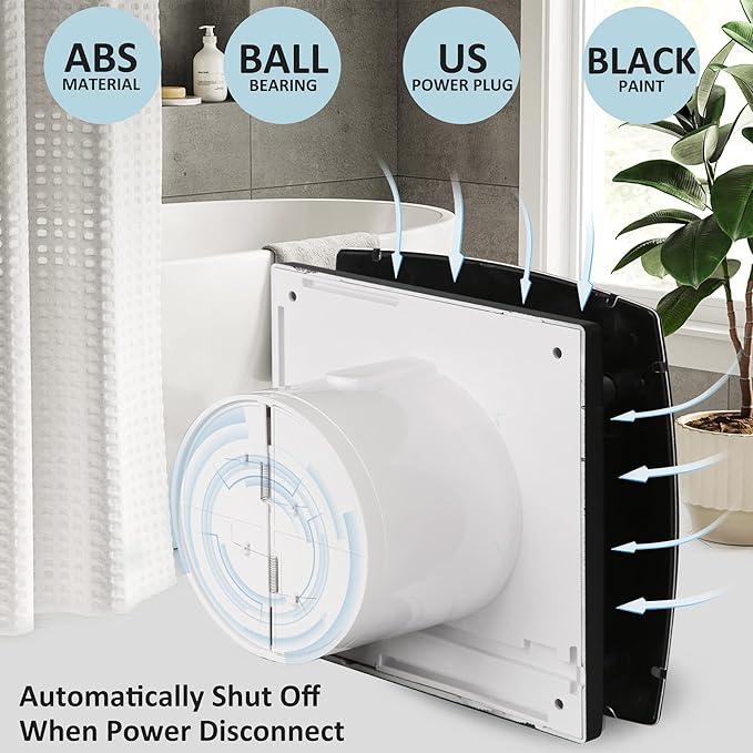 4in Black Bathroom Exhaust Fan for Window, 55CFM IPX4 ABS Plug-in Extractor Fan Attic Fan w/Anti-Backflow Damper for Toilet, Office, Kitchen, Garage (US Cord)