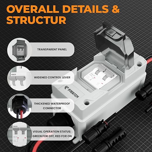 Solar Panel Disconnect Switch 10-60A 400V Solar Disconnect Switch Outdoor PV Isolator Upgraded Cover Visual Design Waterproof Circuit Breaker Box for RV Home Battery Off-Grid(400VDCAC, 20 Amp)