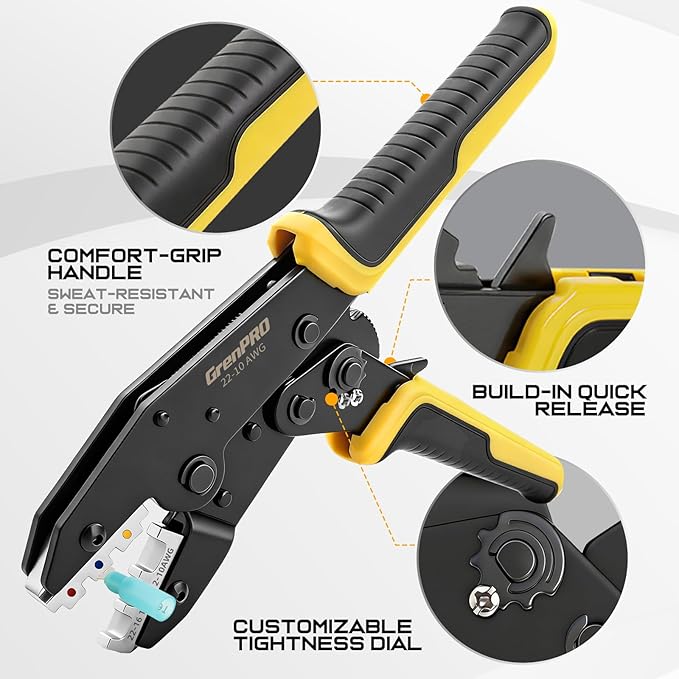 Wire Crimper Tool for Insulated Electrical Wire Connectors, AWG22-10 Terminal Crimper Pliers, Yellow Black Handle Crimping Tool