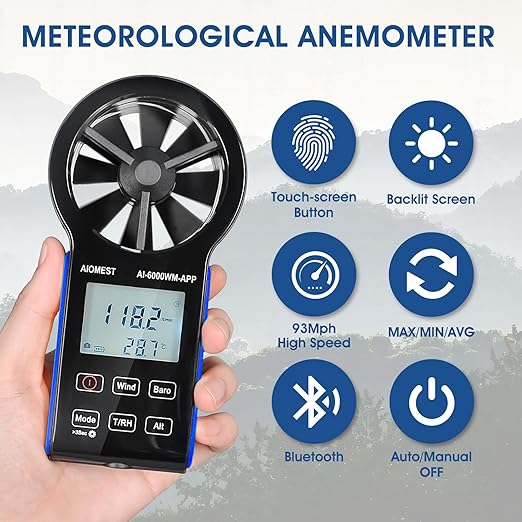 AIOMEST Anemometer Bluetooth, Handheld Wind Speed Gauge Meter w/Atmospheric Pressure, Temp, RH, Dew Point Temp, Wind Chill Measurement for Climbing Drone HVAC, AI-6000WM-APP