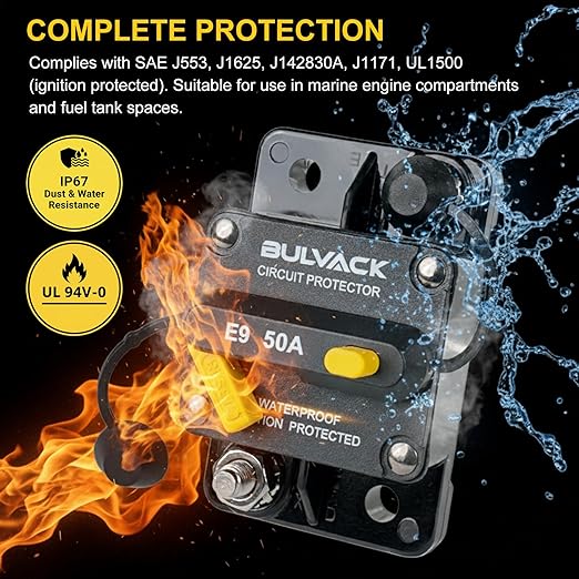 E9 Hi-Amp 120A Circuit Breaker with Manual Reset 12V - 48V DC | Waterproof IP67 UL Certified | 120 Amp Switchable Surface Mount