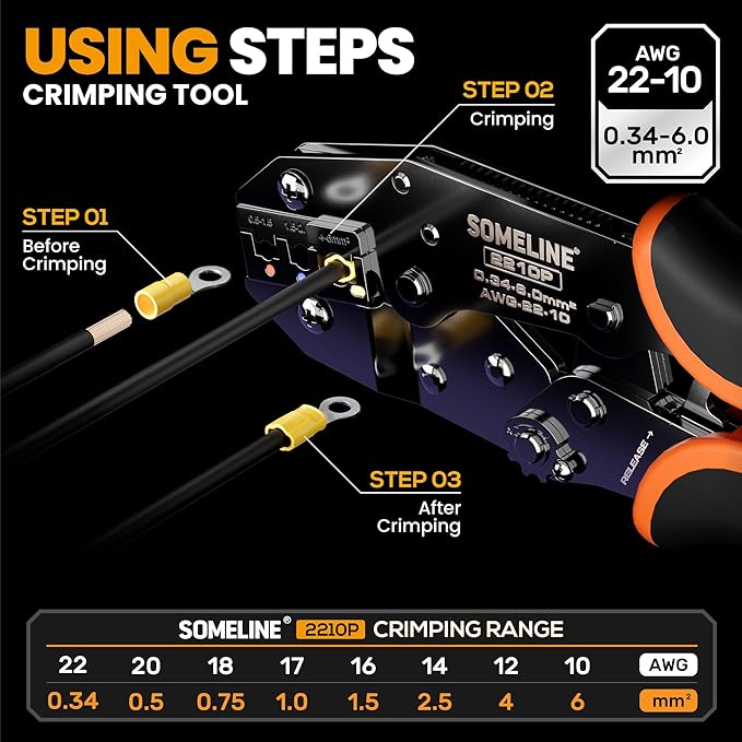 SOMELINE Wire Terminals Crimping Tool, with 45 Sizes Insulated Ratcheting Terminals Crimper Kit of AWG 22-10 Insulated Electrical Butt Bullet Spade Fork Ring Spade Splice Crimp Terminals