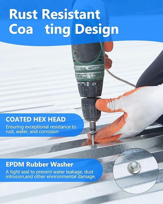 Metal Roofing Screws#10 × 1-1/2 Inch, 300Pcs Zinc Plated Hex Head Metal Roof Screws with Rubber Washers for Corrugated Roofing Panels (Hex Socket Included)
