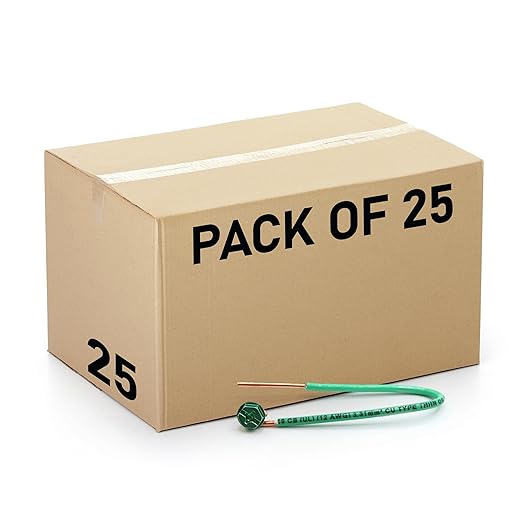(Pack of 25) 12 AWG Solid Copper Ground Wire with Green Ground Screws – 6.5" Edge-Stripped Grounding Wire, 5/8" Strip, 10-32 x 3/8" Captive Green Screws for Electrical Boxes