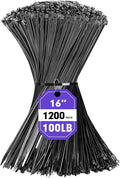 1200pcs Black Cable Zip Ties 16 Inch, Heavy Duty Plastic Wire Ties with 100lb Tensile Strength, Self-Locking Black Nylon Tie Wraps for Indoor and Outdoor