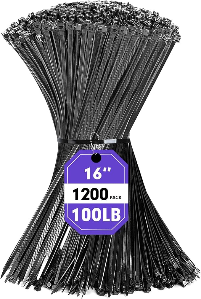 1200pcs Black Cable Zip Ties 16 Inch, Heavy Duty Plastic Wire Ties with 100lb Tensile Strength, Self-Locking Black Nylon Tie Wraps for Indoor and Outdoor