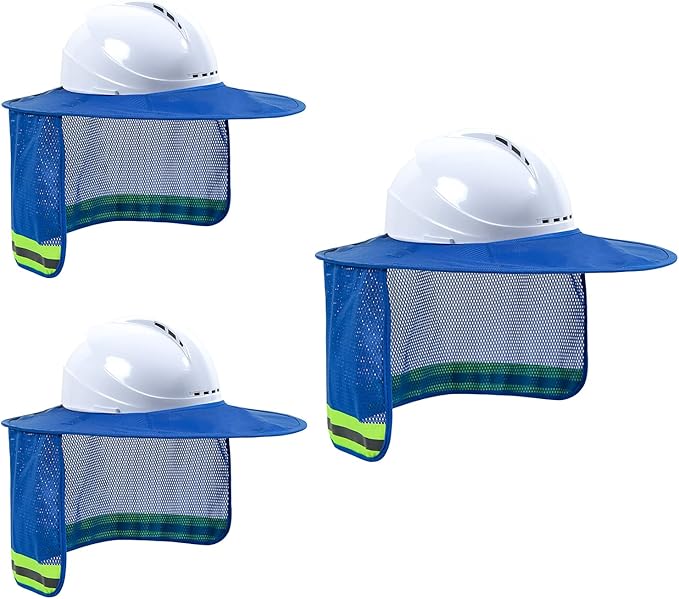 Hard Hat Sun Shade, High Visibility Sun Visor Neck Shade with Reflective Strip, Full Brim, Man & Woman (Hard Hat Not Included), Blue, 3 Pack