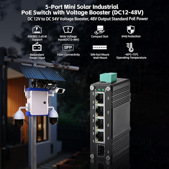 MokerLink 5 Port Gigabit Industrial Solar Battery UPS PoE Switch, Input DC9V-54V to Output DC48V, IEEE802.3af/at PoE, Mini Size, Unmanaged IP40 Network Switch (-40 to 185°F), 10Gbps Capacity