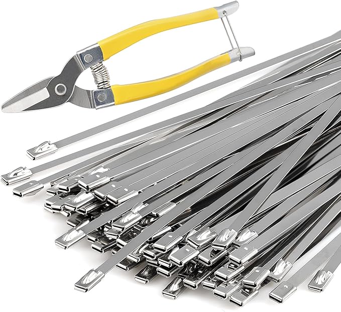 Heavy Duty Stainless Steel Zip Ties, 11.8 Inch 100 Pcs Uv Resistant Metal Cable Ties With Cutting Tool For Machinery, Chain Fence Parts, Barbed Wire Rolls, Outdoor Poultry Fence Repairs, Etc.