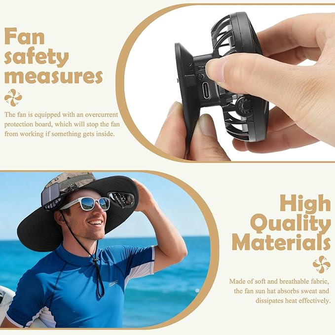 Berlune Men Sun Hat with 2 Solar Fans Wide Brim Outdoor Fishing Hat USB & Solar Powered for Sun Protection Camping Hiking