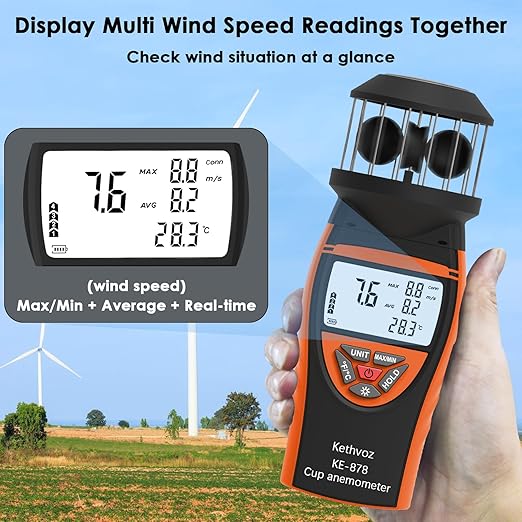 Handheld Cup Anemometer, Kethvoz Digital Air Flow Meter Measure Wind Speed up to 42m/s, Test Temperature for Shooting Hunting Paragliding Outdoor Activities