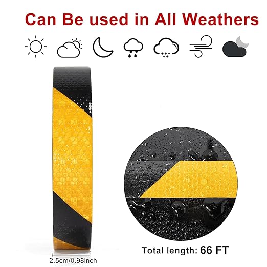 Reflective Tape, Waterproof Self Adhesive Dot Reflective Tape Outdoor Safety Caution Reflector for Trailers, Bikes, Cars（Black Yellow, 1 Inch x 65 Feet）