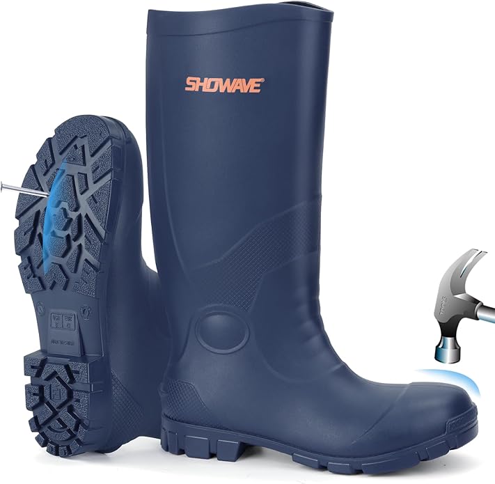 Showave Steel Toe Rubber Work Boots for Men Waterproof Durable Concrete Boots for Hunting Manufacturing Construction