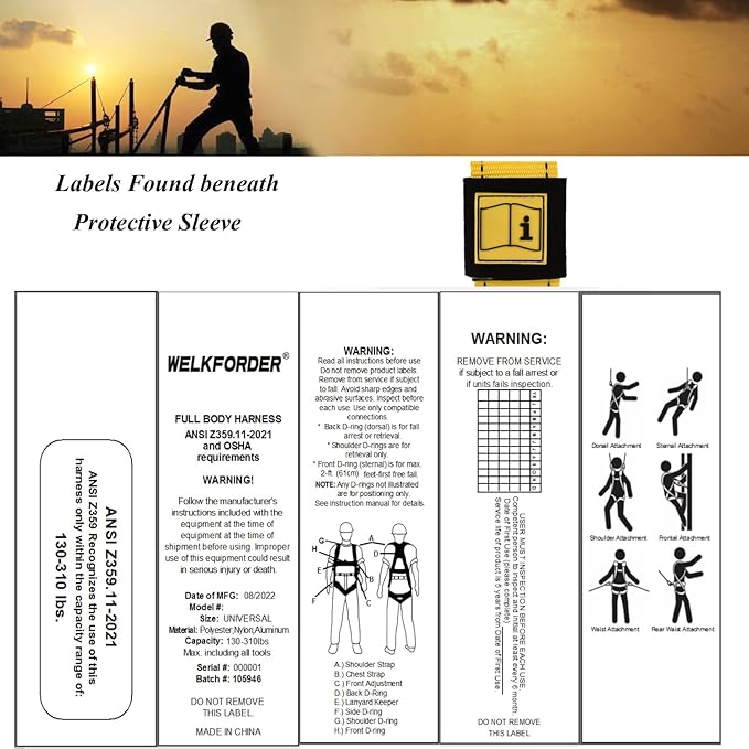 3D-Ring Industrial Fall Protection Safety Harness ANSI/ASSE Z359.11-2021 Compliant Full Body Personal Protection Equipment 3-Point Adjustment Universal 310 lbs