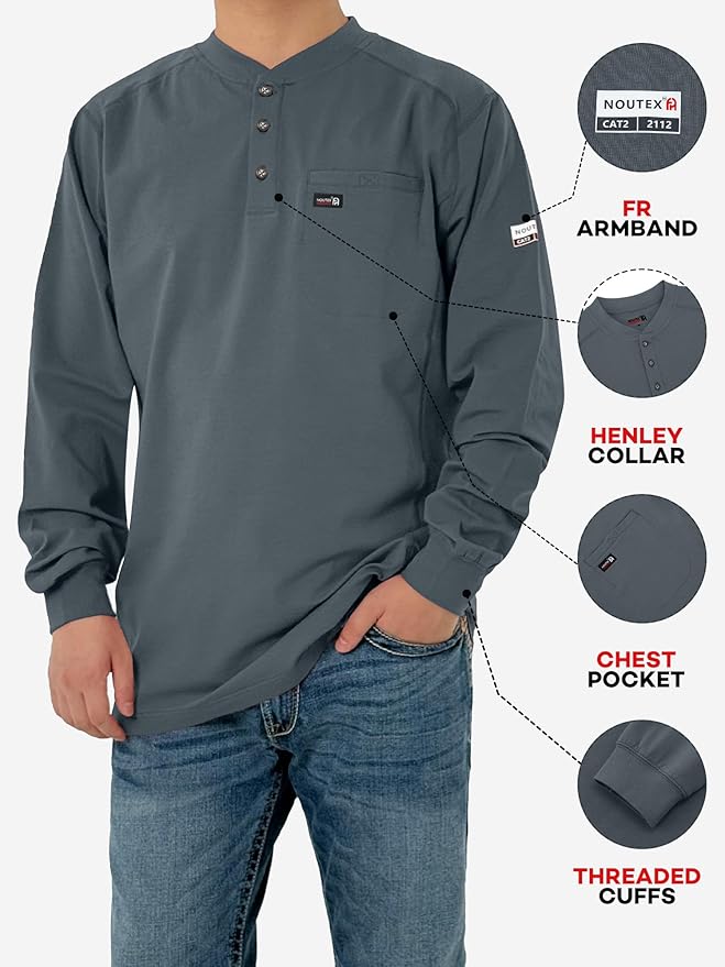 FR Shirts for Men 6oz Lightweight Stretch Work Shirt Flame Resistant Long Sleeve Henley Shirt CAT2