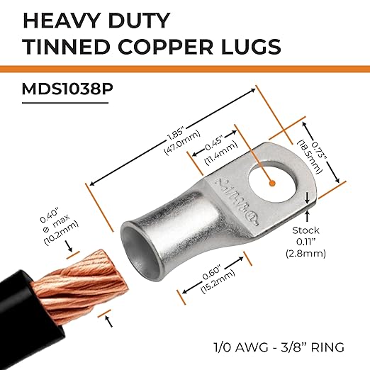 SELTERM 10pcs 1/0 AWG-3/8" Stud Tinned Copper Wire Lugs, Heavy Duty Battery Cable Ends,0 Gauge Ring Terminals, UL Battery Lugs Marine Grade Copper Eyelets Electrical Battery Terminal Connectors