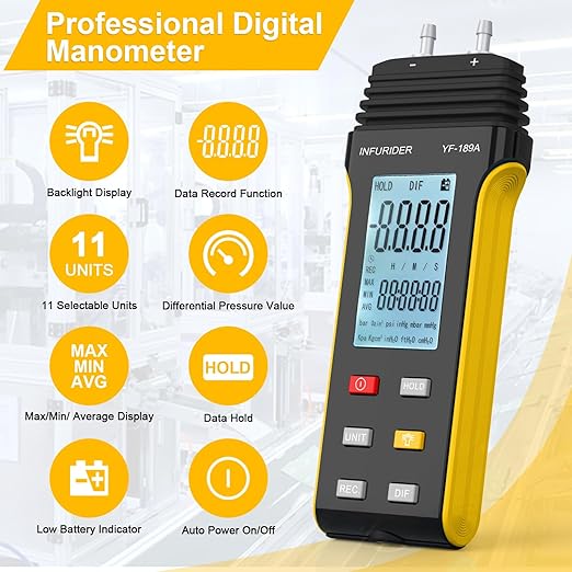 Manometer, Digital HVAC Gas Pressure Tester, Professional Air Pressure Meter, Handheld Gas Pressure Meter, 11 Selectable Units Differential Pressure Gauge YF-189A with Backlight